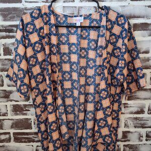 Lularoe Size 3 Short Sleeve Kimono Top Lightweight Blue Peach Floral Squares